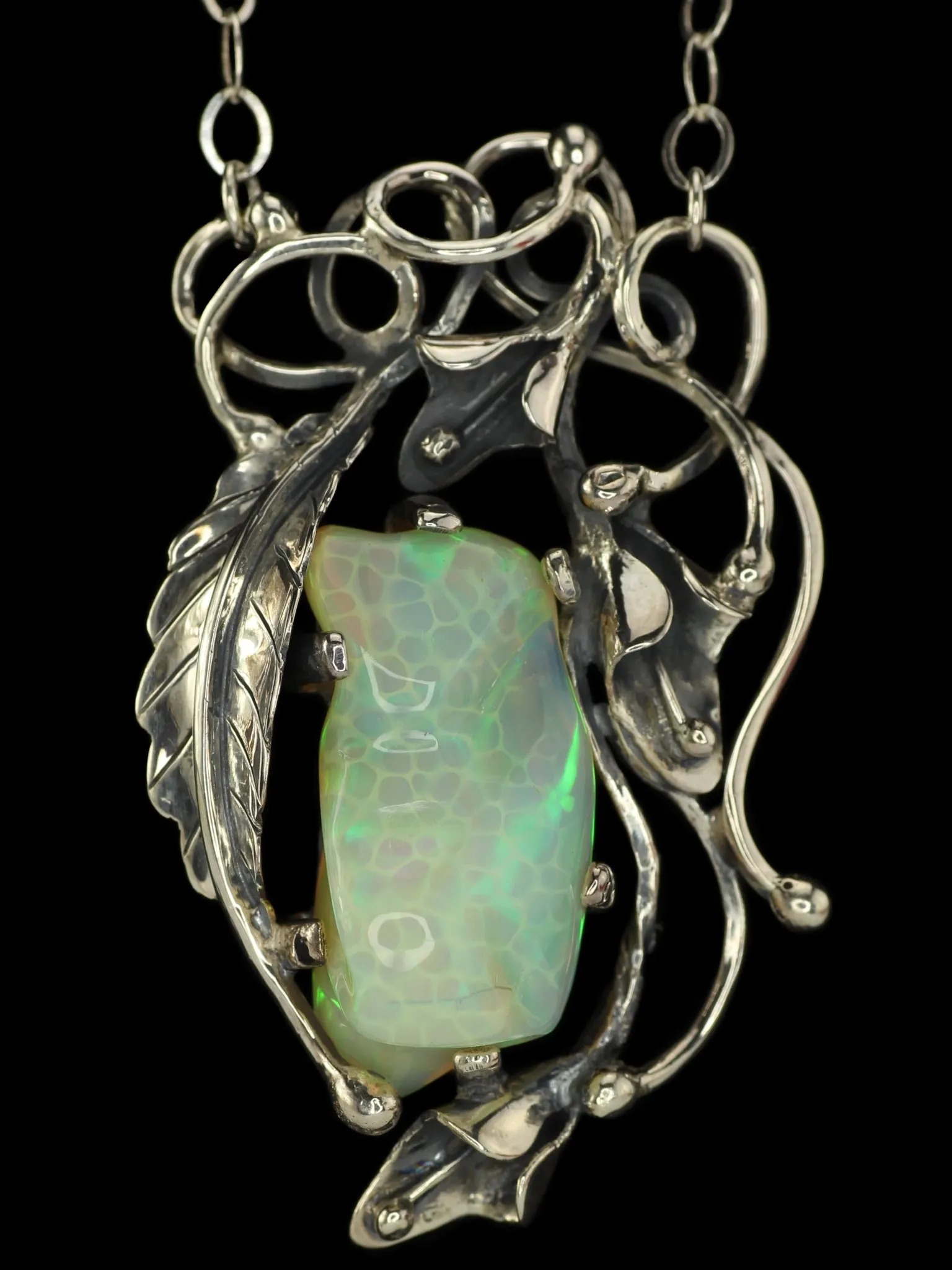 Callidus - Freeform Ethiopian Opal in Silver Calla Lily Necklace