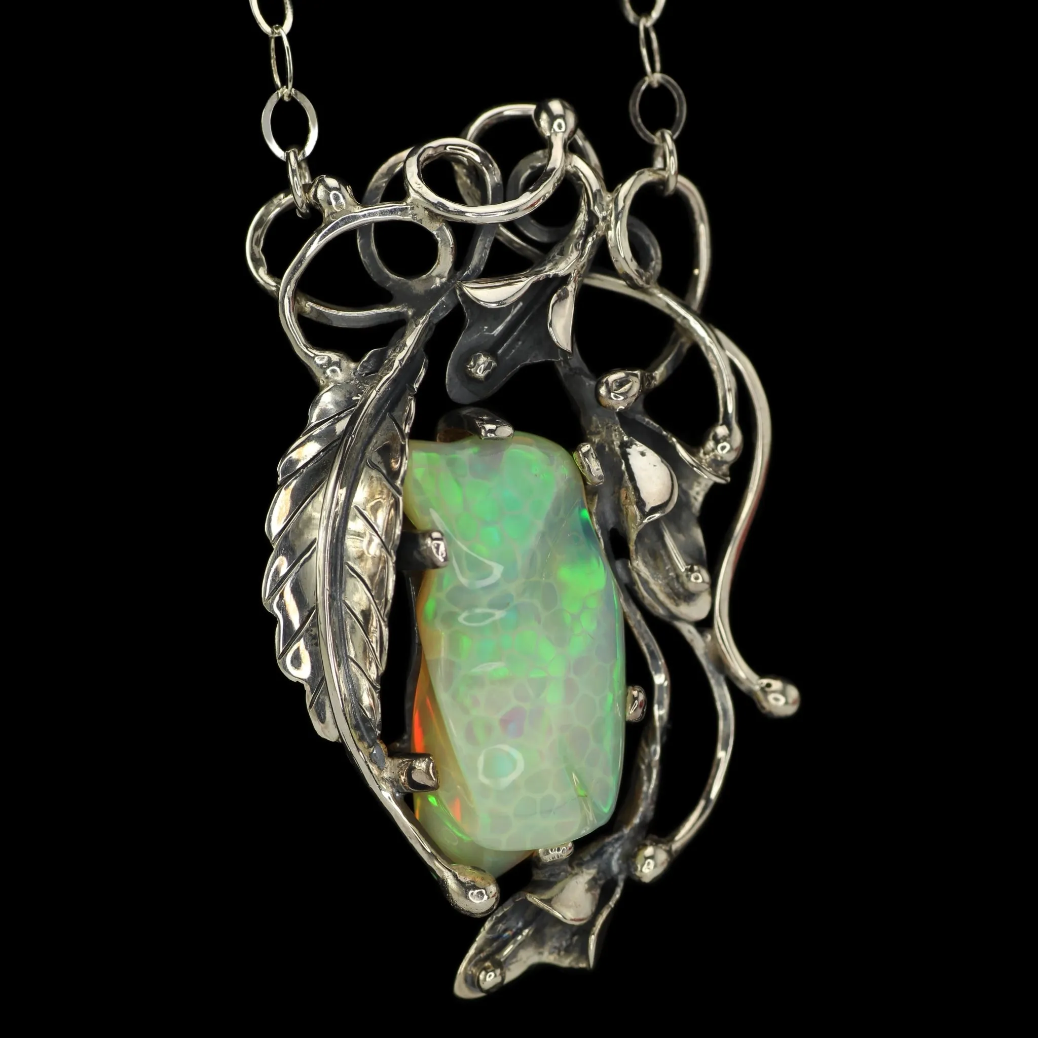 Callidus - Freeform Ethiopian Opal in Silver Calla Lily Necklace