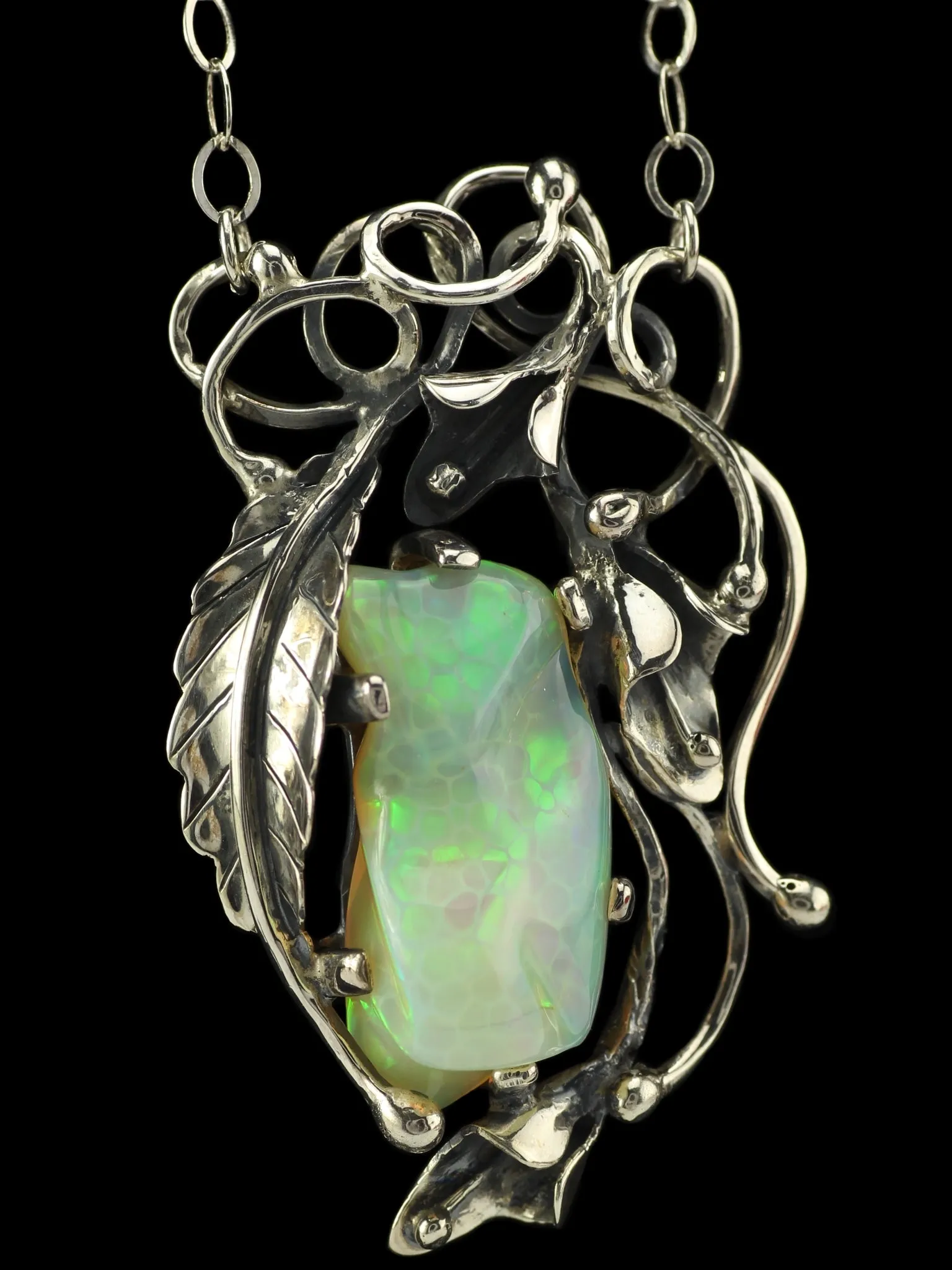 Callidus - Freeform Ethiopian Opal in Silver Calla Lily Necklace