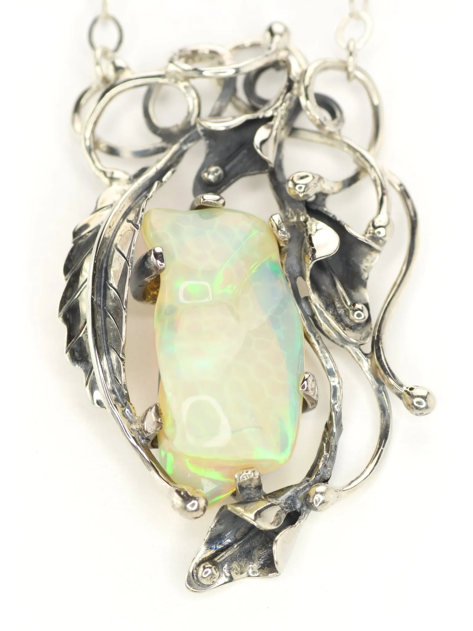 Callidus - Freeform Ethiopian Opal in Silver Calla Lily Necklace