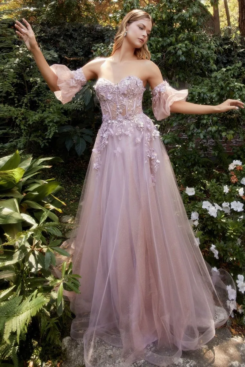 CD A1108 - Strapless Sheer Boned Corset Bodice Prom Gown with 3D Floral Applique & Optional Puff Sleeves