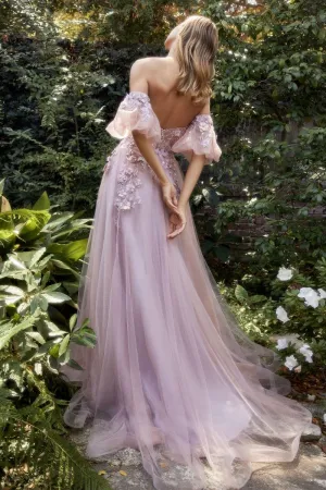 CD A1108 - Strapless Sheer Boned Corset Bodice Prom Gown with 3D Floral Applique & Optional Puff Sleeves