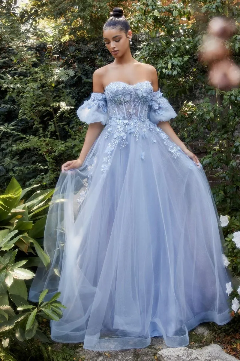 CD A1108 - Strapless Sheer Boned Corset Bodice Prom Gown with 3D Floral Applique & Optional Puff Sleeves