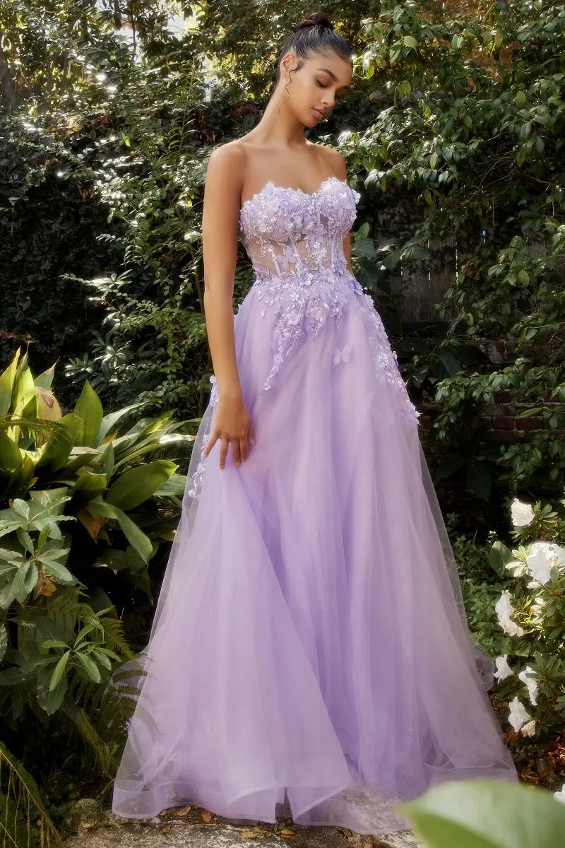 CD A1108 - Strapless Sheer Boned Corset Bodice Prom Gown with 3D Floral Applique & Optional Puff Sleeves