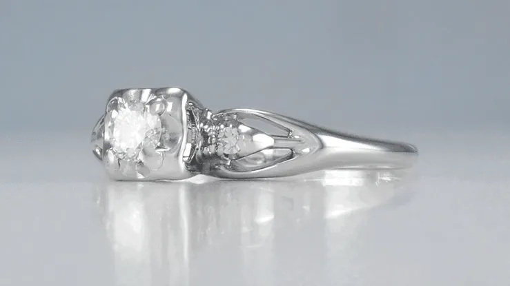 Clare 1940's Filigree Retro Moderne Vintage Diamond Engagement Ring in 14 Karat White Gold
