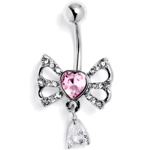 Clear Pink CZ Gem Heart In A Bow Dangle Belly Ring