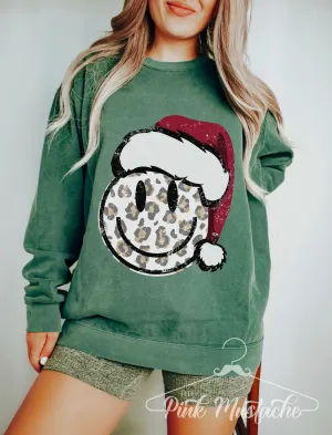Comfort Colors, Gildan, or Bella Canvas - Leopard Smiley Face Christmas Santa Hat Sweatshirt