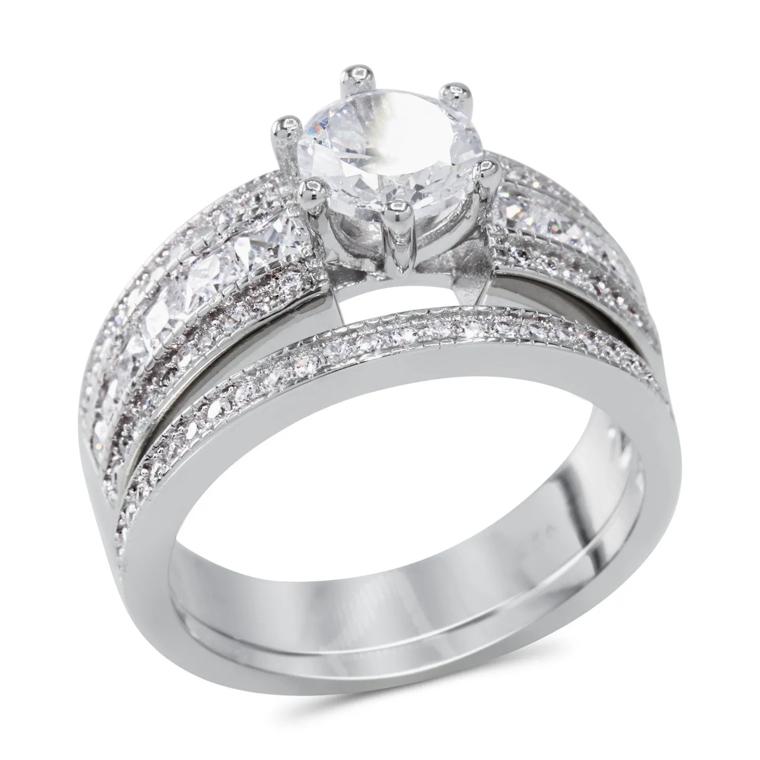 CZ 5mm Sterling Silver Plated Halo Accents Antique Filigree Bridal Sets Elegant Ring