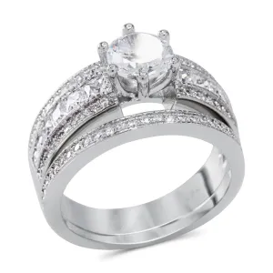 CZ 5mm Sterling Silver Plated Halo Accents Antique Filigree Bridal Sets Elegant Ring