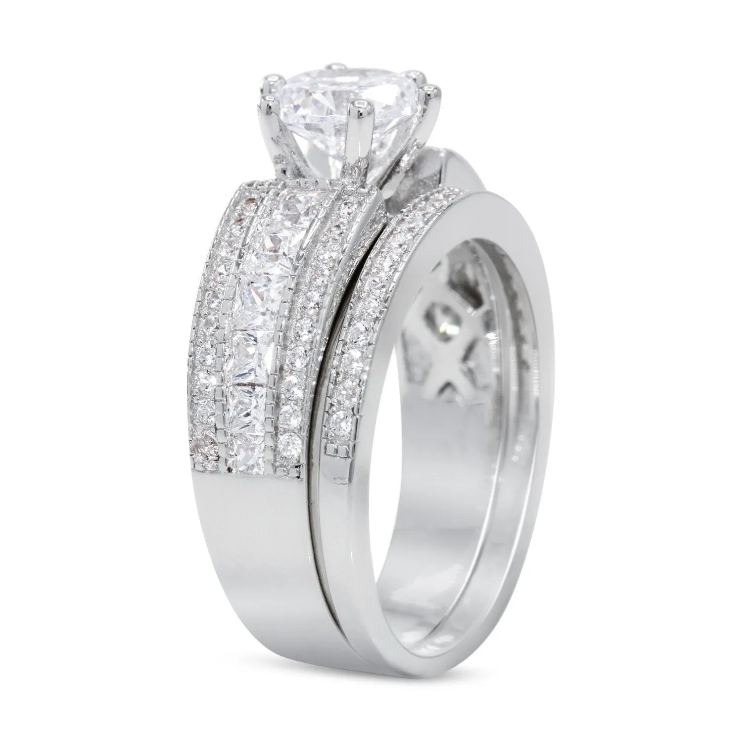 CZ 5mm Sterling Silver Plated Halo Accents Antique Filigree Bridal Sets Elegant Ring