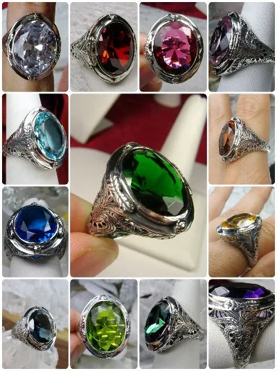 D2, Large Oval Ring, Simulated or Natural Gemstone, Victorian Jewelry Design#D2