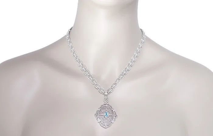 Edwardian Filigree Drop Pendant Necklace with Blue Topaz and Diamond in Sterling Silver
