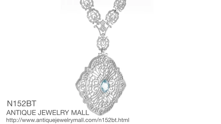 Edwardian Filigree Drop Pendant Necklace with Blue Topaz and Diamond in Sterling Silver