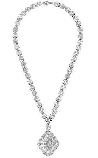 Edwardian Filigree Drop Pendant Necklace with Blue Topaz and Diamond in Sterling Silver