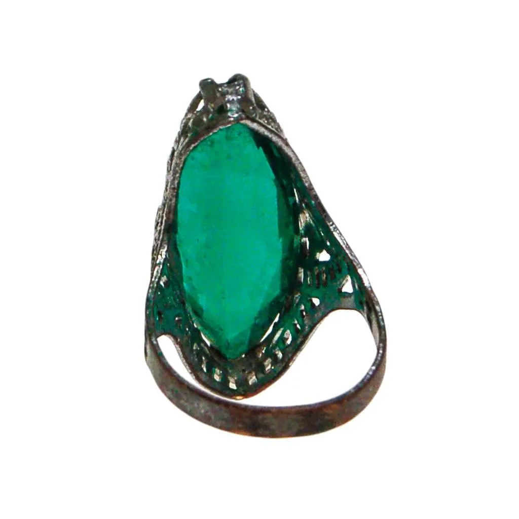 Edwardian Filigree Ring with Emerald Green Crystal Statement Ring