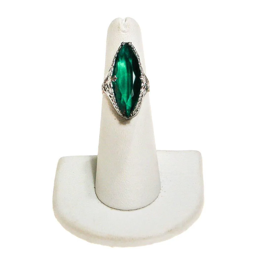 Edwardian Filigree Ring with Emerald Green Crystal Statement Ring