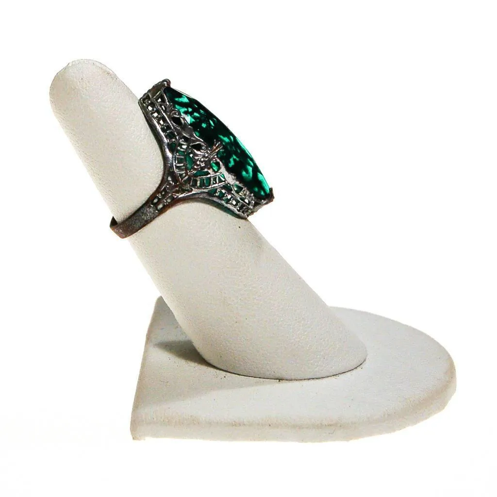 Edwardian Filigree Ring with Emerald Green Crystal Statement Ring