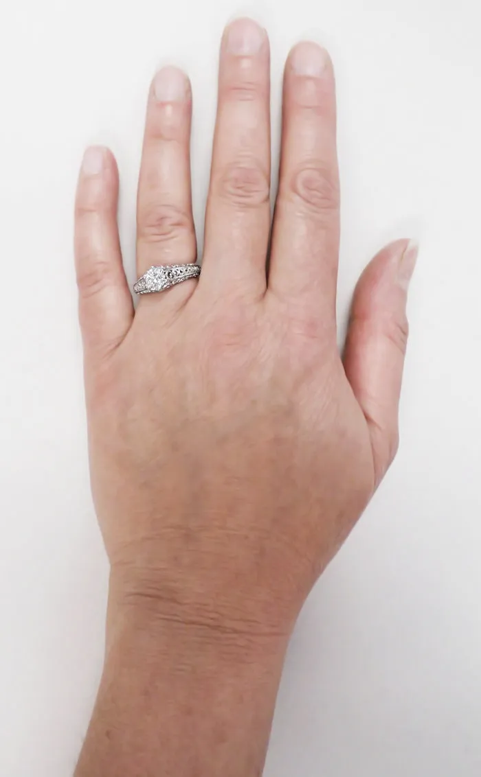 Edwardian Flowing Scrolls 3/4 Carat Diamond Filigree Heirloom Engagement Ring in 14 Karat White Gold