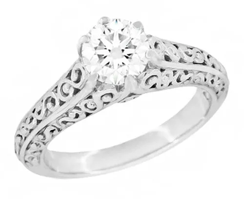 Edwardian Flowing Scrolls 3/4 Carat Diamond Filigree Heirloom Engagement Ring in 14 Karat White Gold