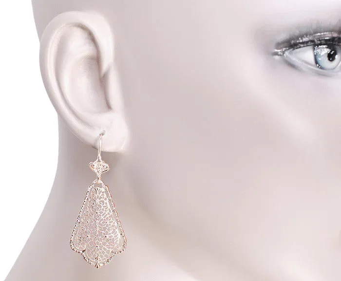 Edwardian Scalloped Leaf Dangling Sterling Silver Filigree Earrings with Rose Gold Vermeil