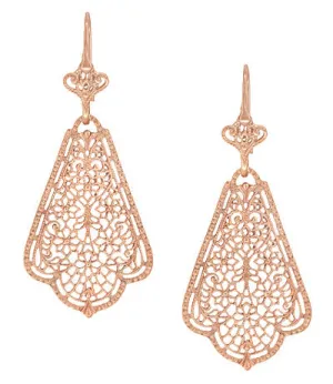 Edwardian Scalloped Leaf Dangling Sterling Silver Filigree Earrings with Rose Gold Vermeil