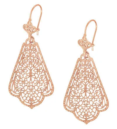 Edwardian Scalloped Leaf Dangling Sterling Silver Filigree Earrings with Rose Gold Vermeil