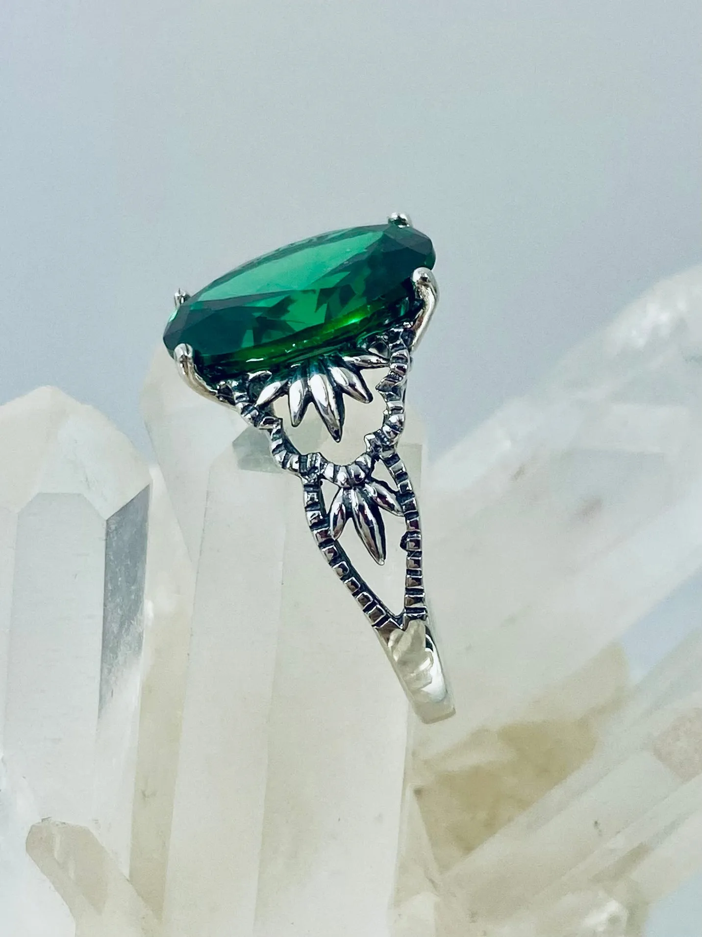 Emerald CZ Ring, Size 8 Ring, Sterling Silver Filigree, Victorian Gothic Jewelry, Ace D92 - Ready to Ship