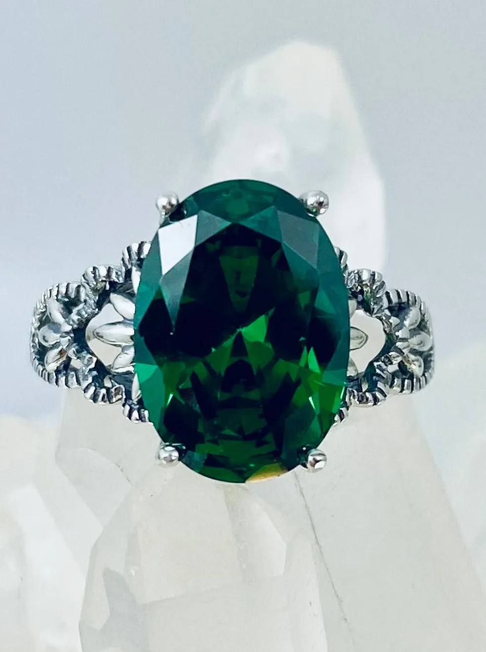 Emerald CZ Ring, Size 8 Ring, Sterling Silver Filigree, Victorian Gothic Jewelry, Ace D92 - Ready to Ship