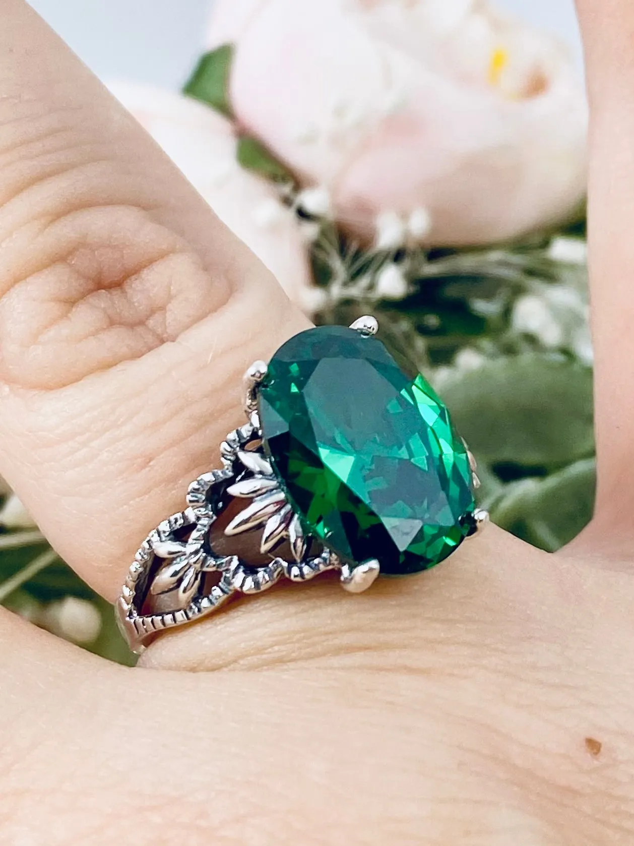 Emerald CZ Ring, Size 8 Ring, Sterling Silver Filigree, Victorian Gothic Jewelry, Ace D92 - Ready to Ship