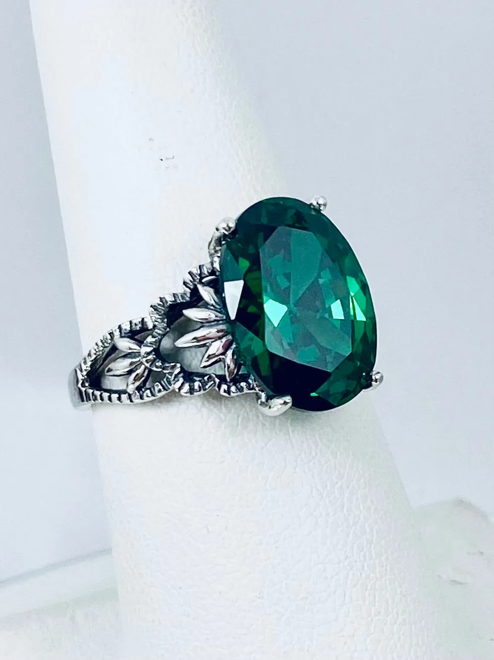 Emerald CZ Ring, Size 8 Ring, Sterling Silver Filigree, Victorian Gothic Jewelry, Ace D92 - Ready to Ship