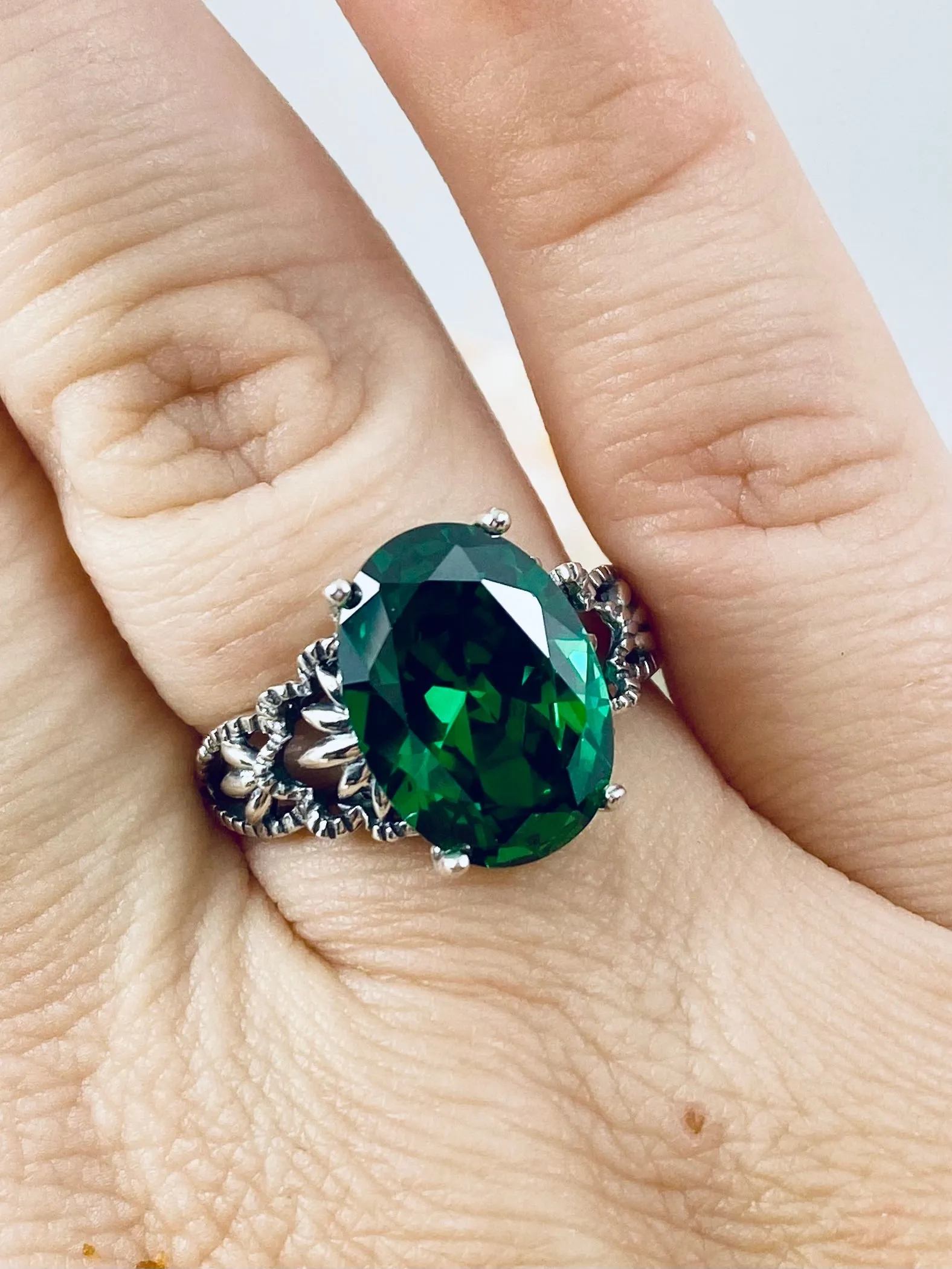 Emerald CZ Ring, Size 8 Ring, Sterling Silver Filigree, Victorian Gothic Jewelry, Ace D92 - Ready to Ship