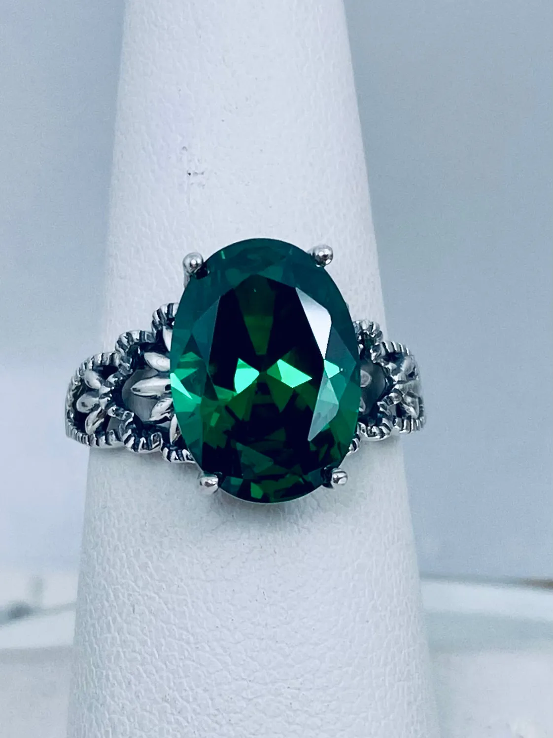 Emerald CZ Ring, Size 8 Ring, Sterling Silver Filigree, Victorian Gothic Jewelry, Ace D92 - Ready to Ship