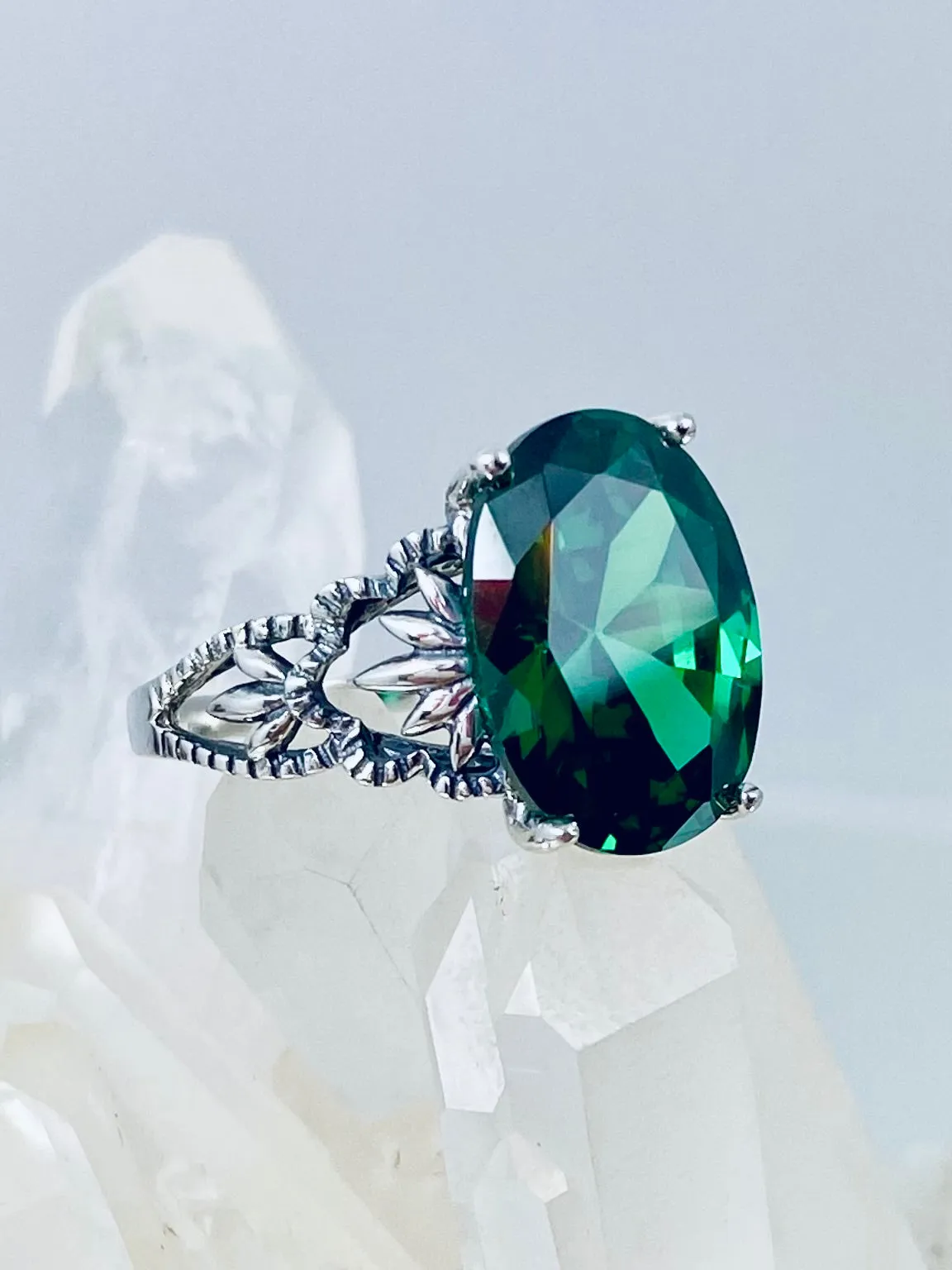Emerald CZ Ring, Size 8 Ring, Sterling Silver Filigree, Victorian Gothic Jewelry, Ace D92 - Ready to Ship