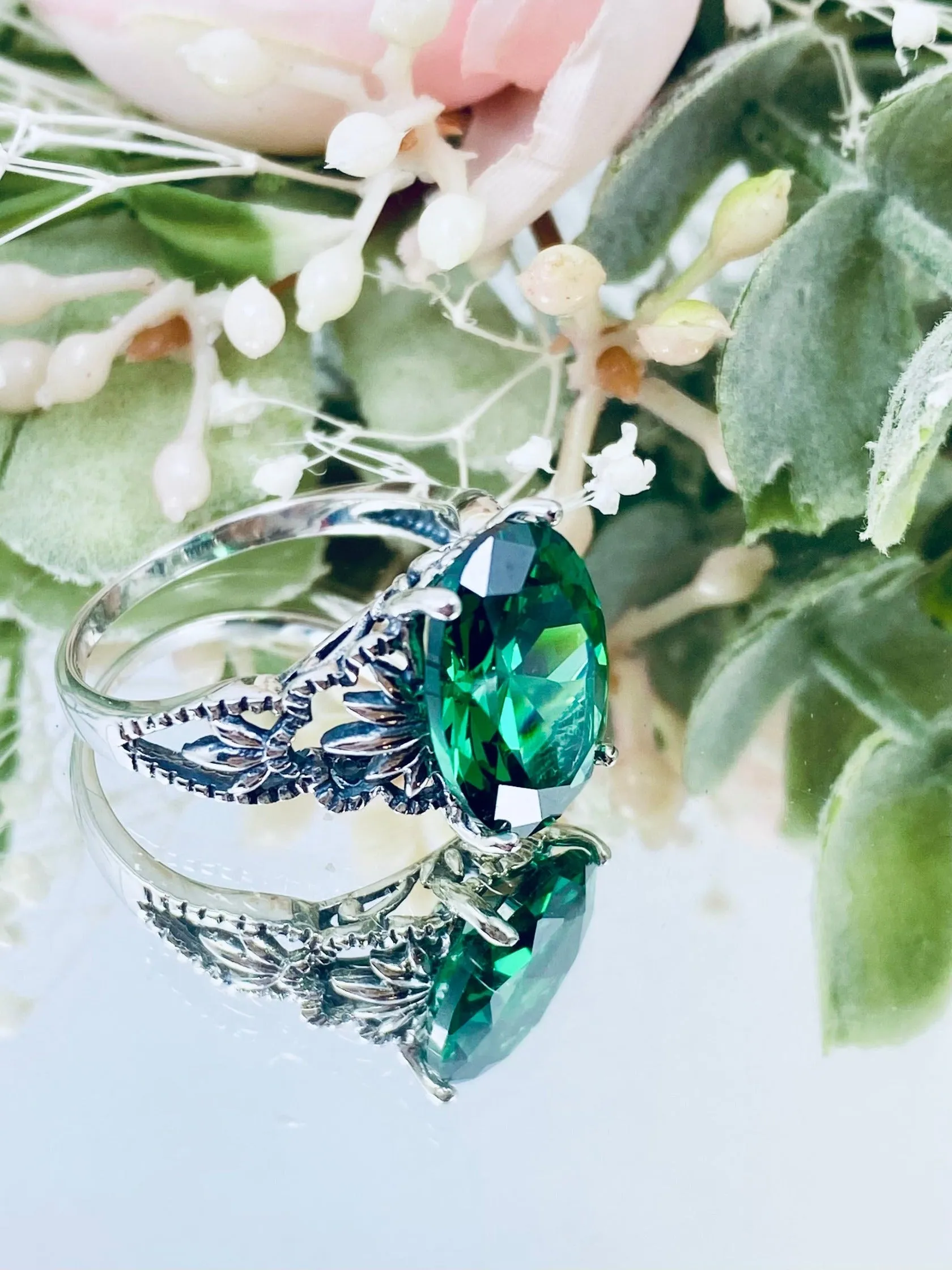 Emerald CZ Ring, Size 8 Ring, Sterling Silver Filigree, Victorian Gothic Jewelry, Ace D92 - Ready to Ship