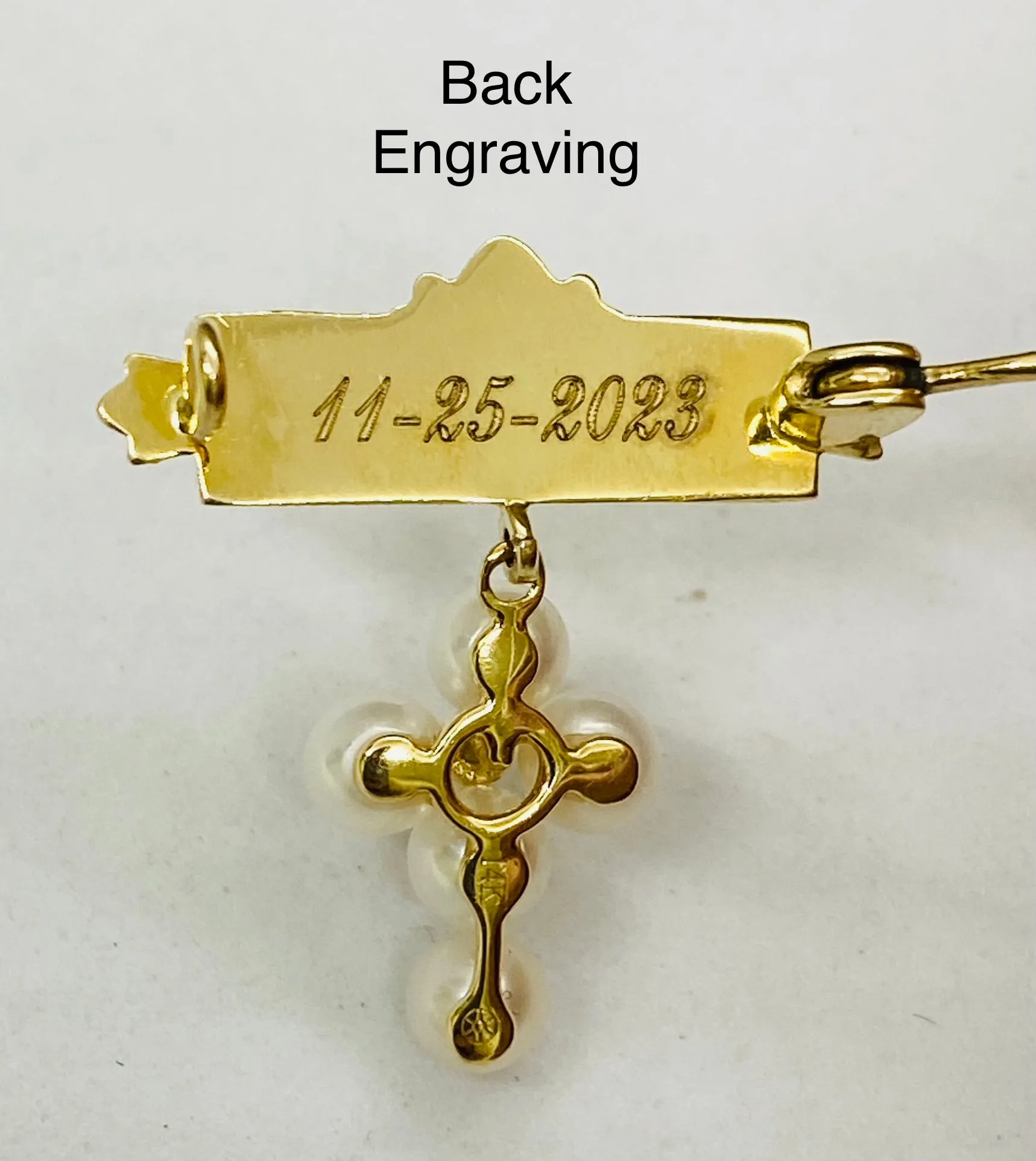 Engravable Plate Pearl Cross with Diamond Baby Pin