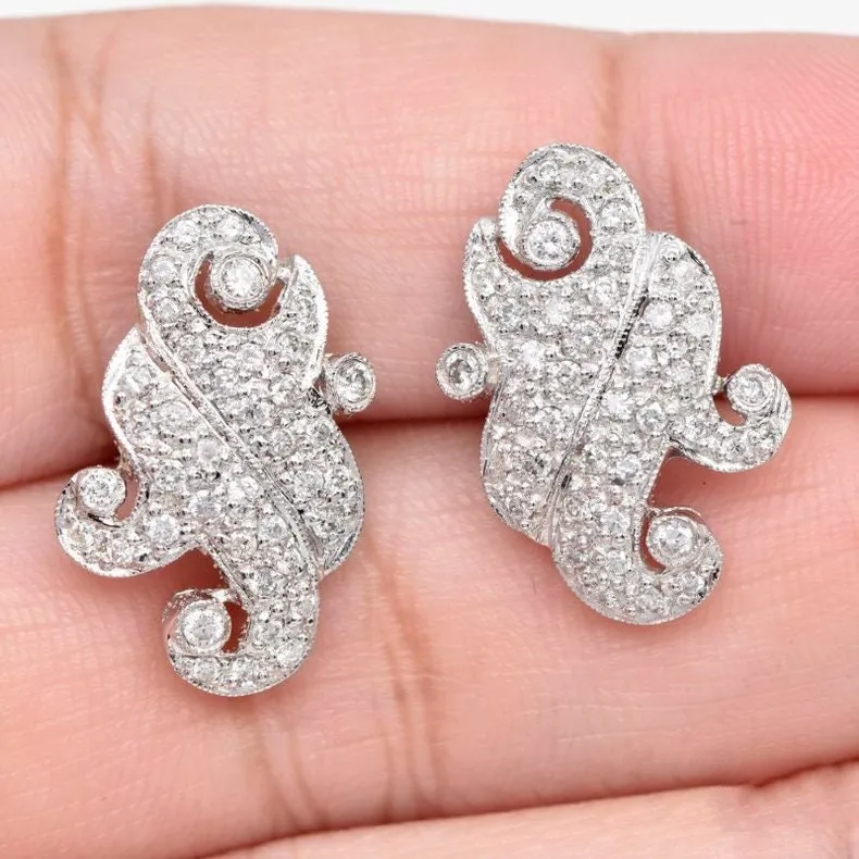 Estate Diamond 18K White Gold  Filigree Swirl Earrings