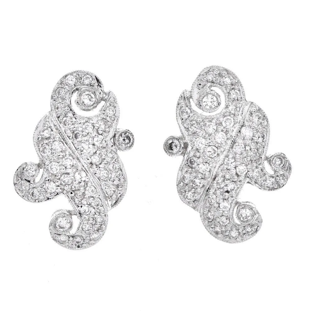 Estate Diamond 18K White Gold  Filigree Swirl Earrings