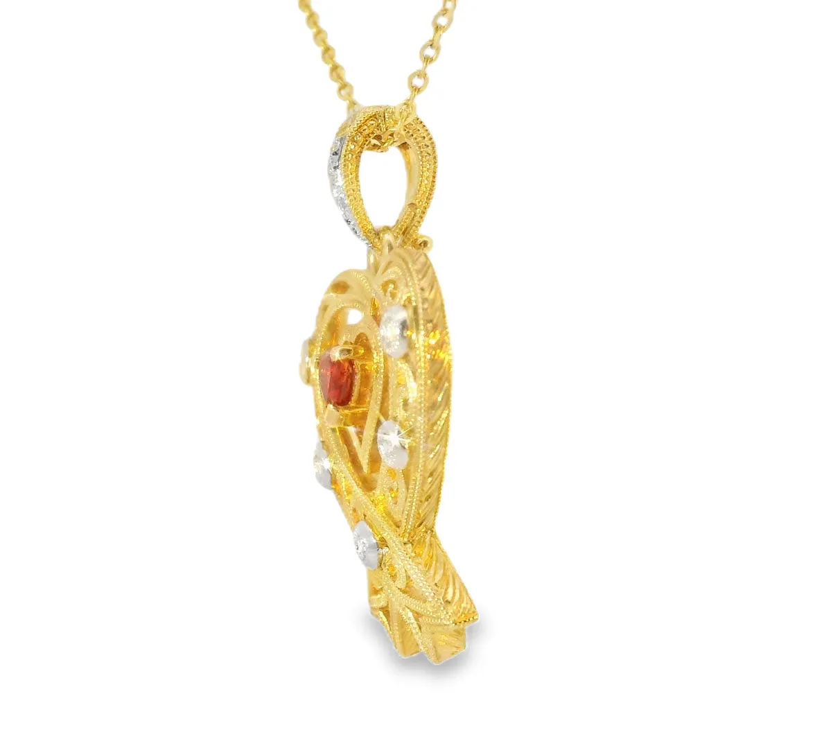 Fabulous Estate 14K Yellow Gold Filigree Diamond Red Sapphire Pendant
