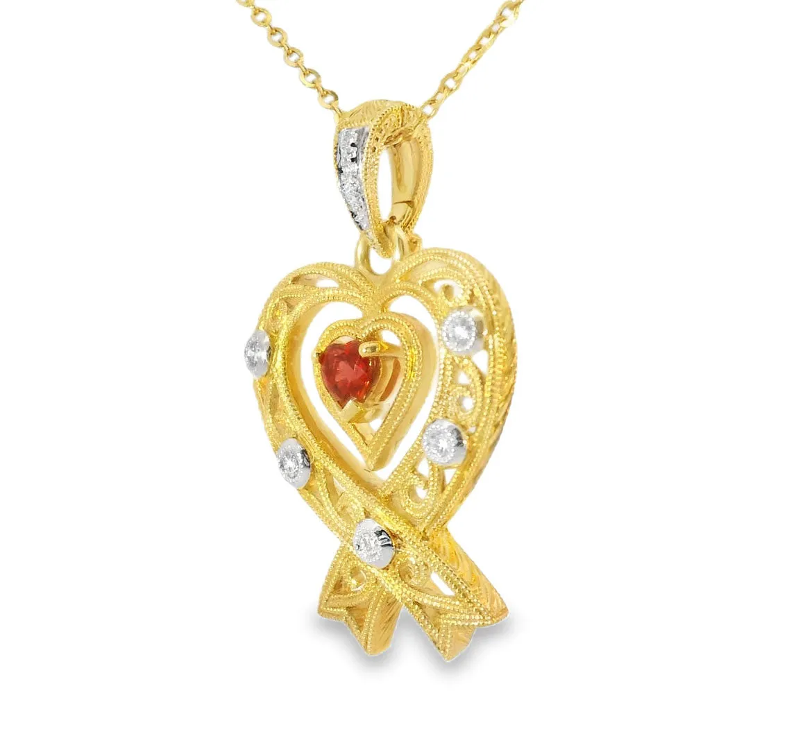 Fabulous Estate 14K Yellow Gold Filigree Diamond Red Sapphire Pendant