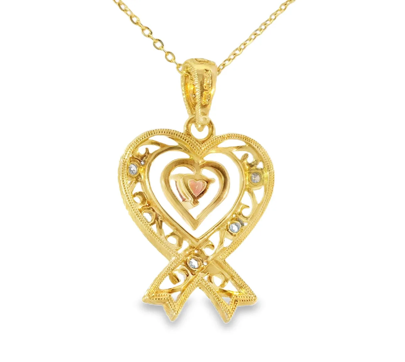 Fabulous Estate 14K Yellow Gold Filigree Diamond Red Sapphire Pendant