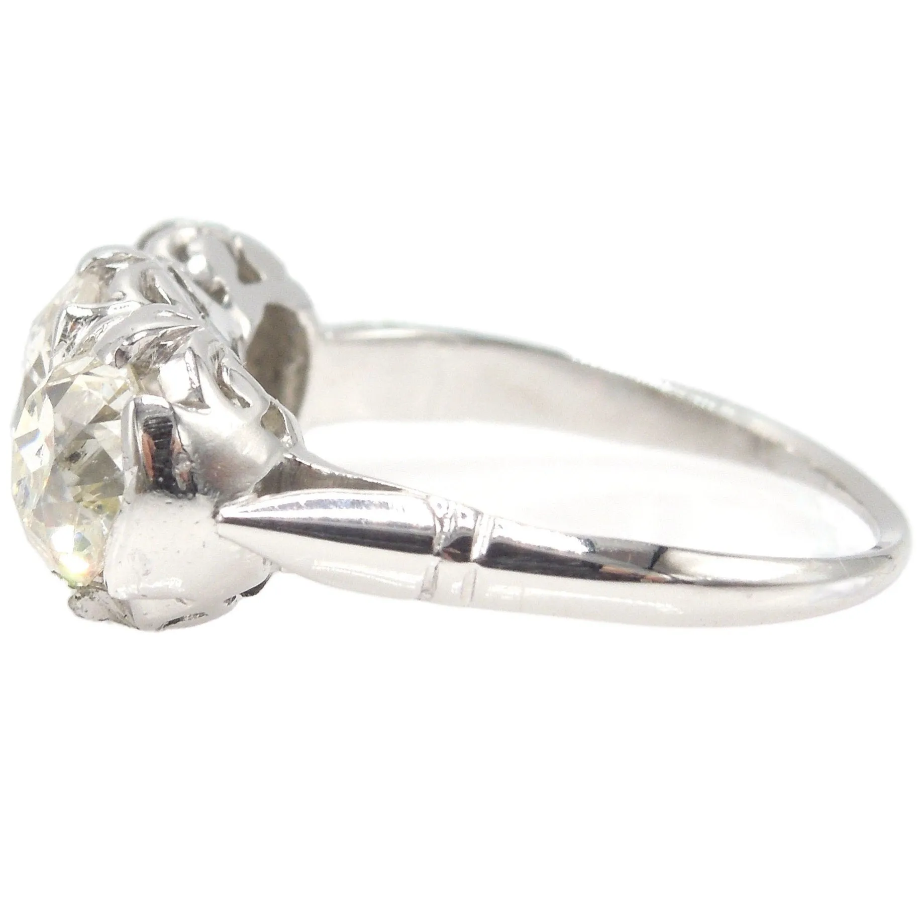 Filigree Edwardian 2.41ct Three Stone Old Mine Cut Diamond Ring in Platinum