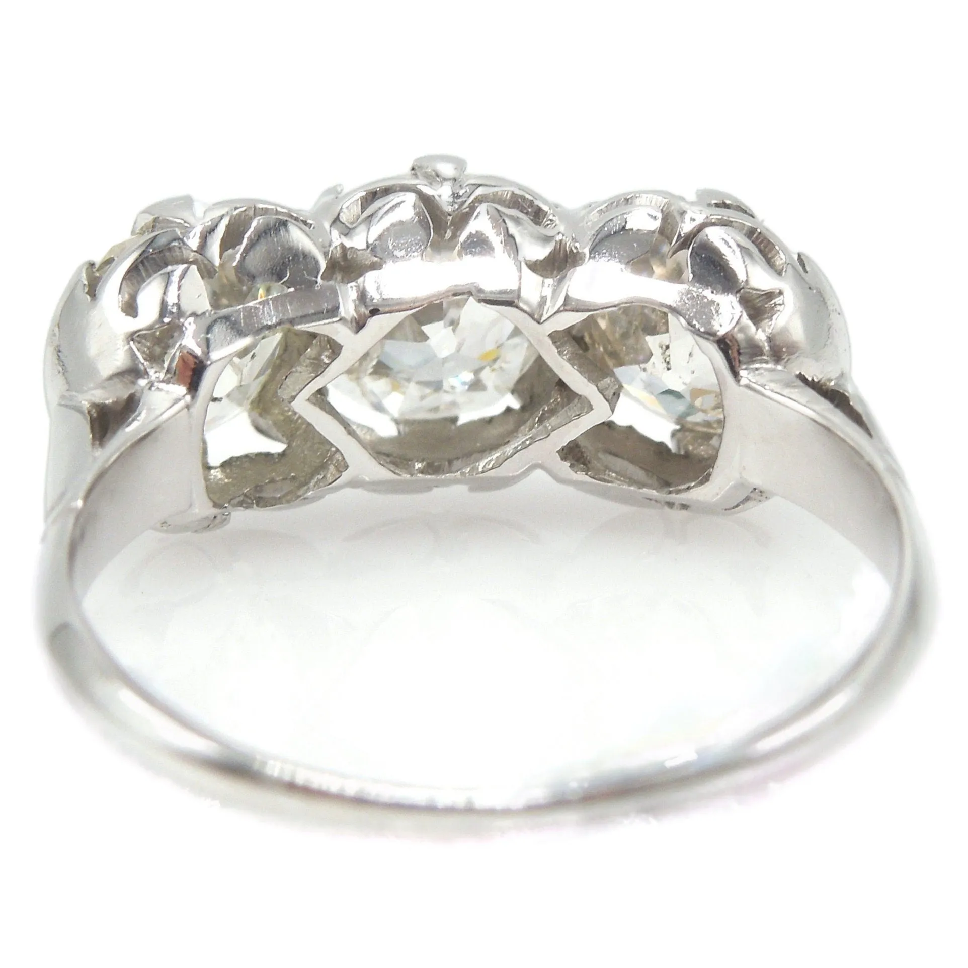 Filigree Edwardian 2.41ct Three Stone Old Mine Cut Diamond Ring in Platinum