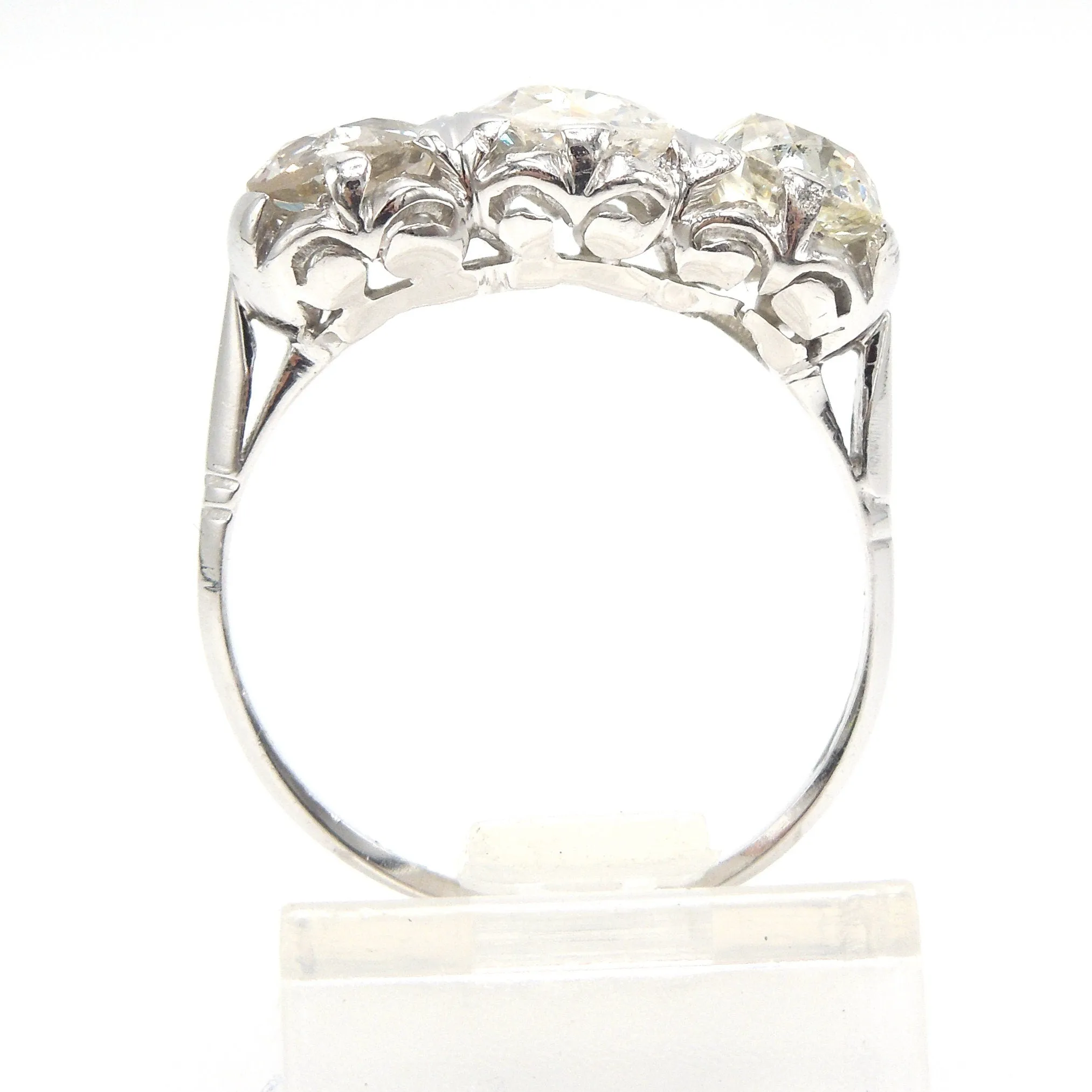 Filigree Edwardian 2.41ct Three Stone Old Mine Cut Diamond Ring in Platinum