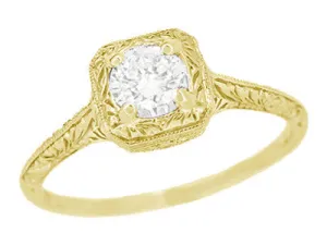Filigree Yellow Gold Scrolls 1/3 Carat Diamond Art Deco Engraved Engagement Ring - 14 Karat