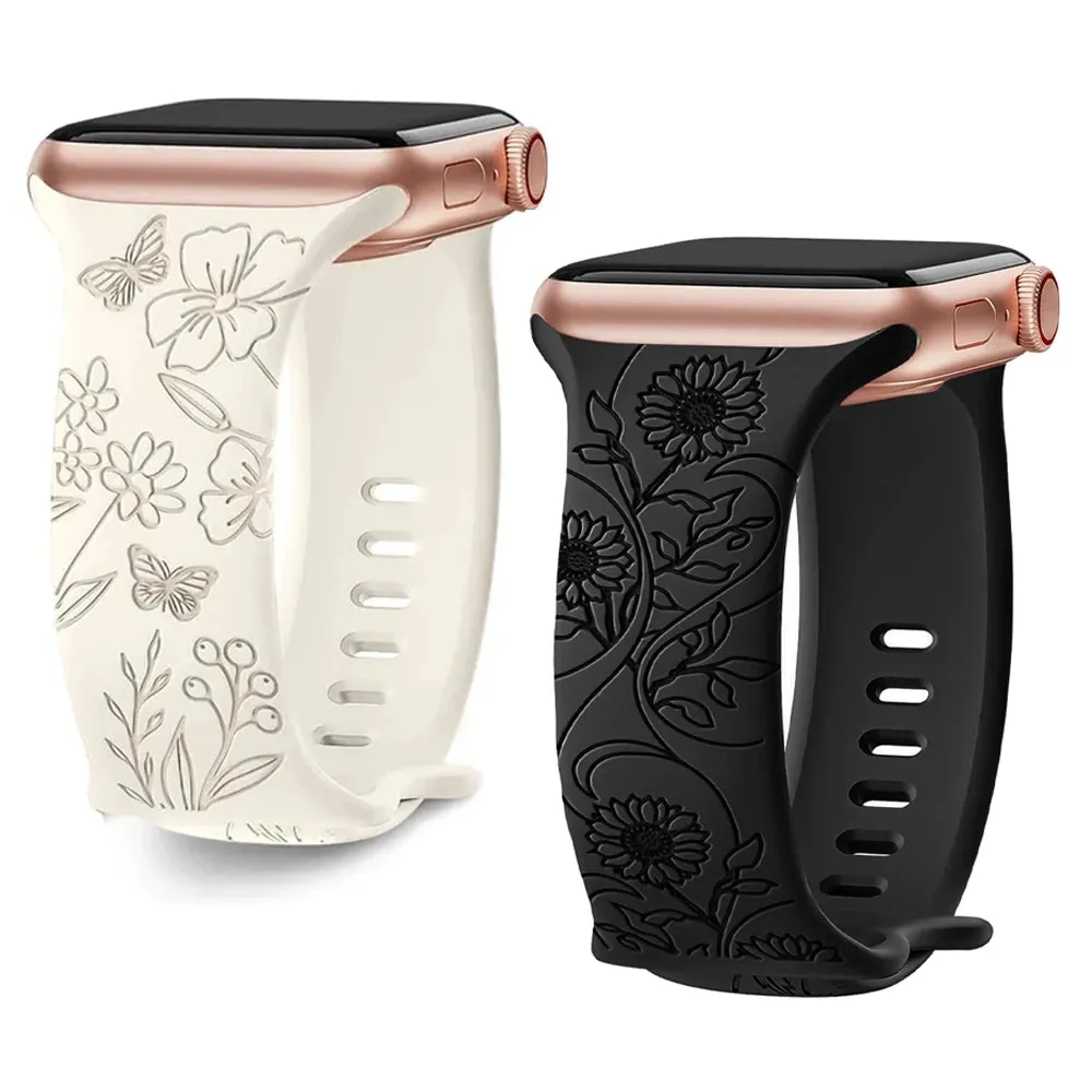 Floral Engraved Apple Watch Band | 38-49mm | Series 1-10, SE & Ultra | Women's Bracelet