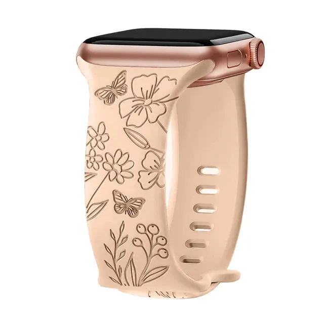 Floral Engraved Apple Watch Band | 38-49mm | Series 1-10, SE & Ultra | Women's Bracelet