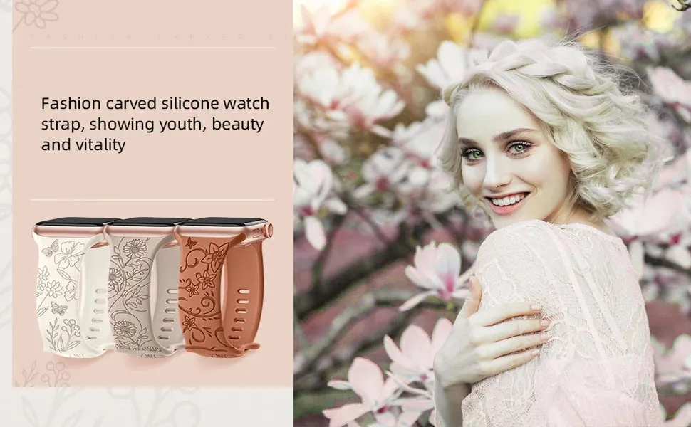 Floral Engraved Apple Watch Band | 38-49mm | Series 1-10, SE & Ultra | Women's Bracelet