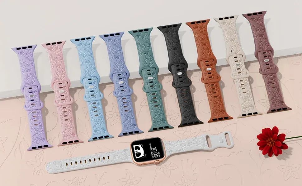 Floral Engraved Apple Watch Band | 38-49mm | Series 1-10, SE & Ultra | Women's Bracelet