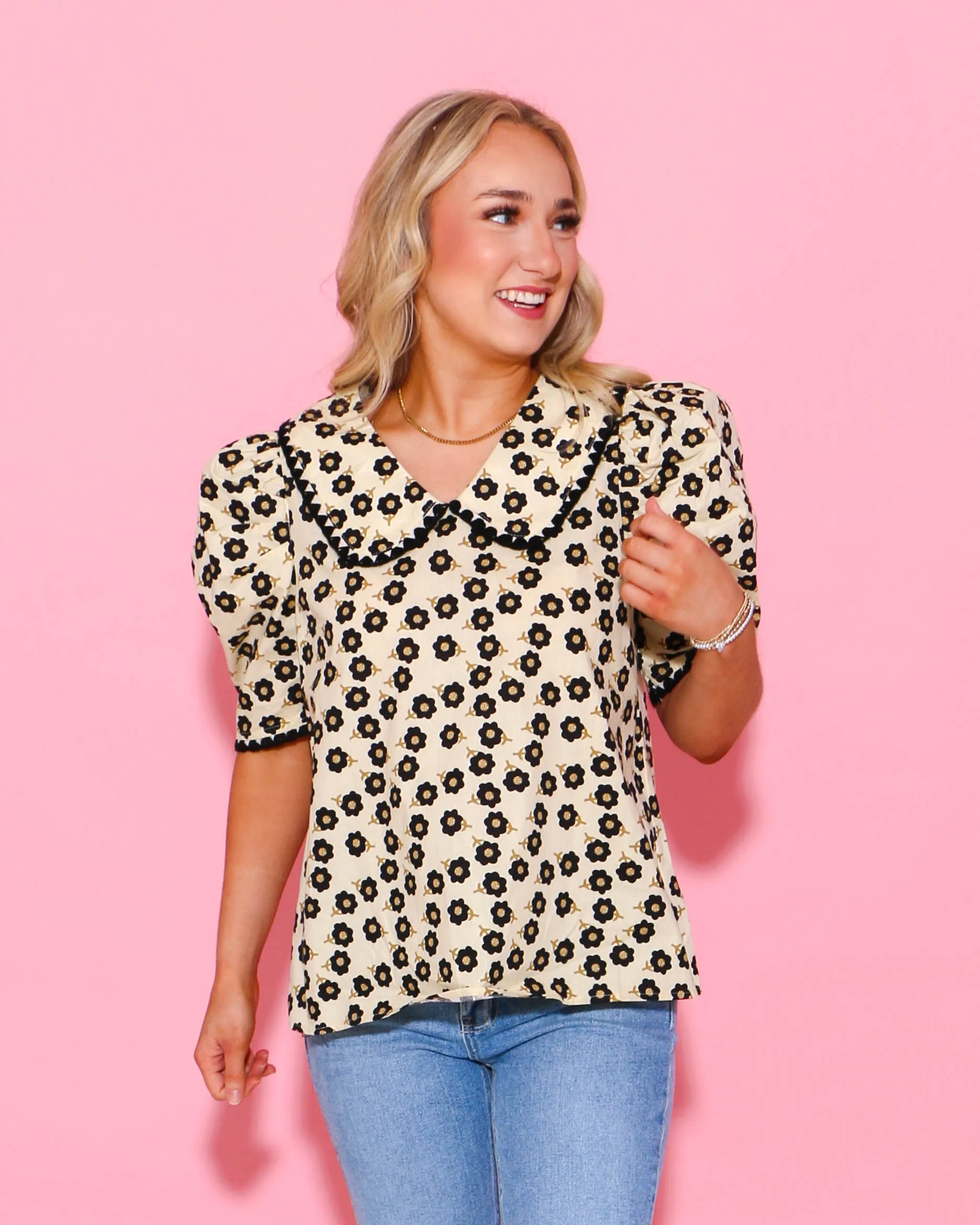 Floral Puff Sleeve Oversized Collar Top