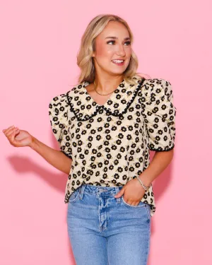Floral Puff Sleeve Oversized Collar Top